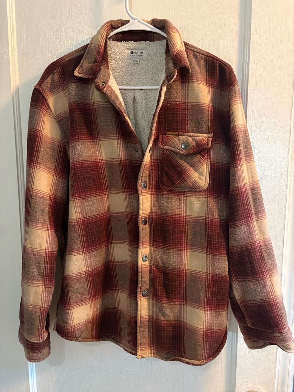 Matix Women’s Red & Cream Plaid Sherpa-Lined Shacket